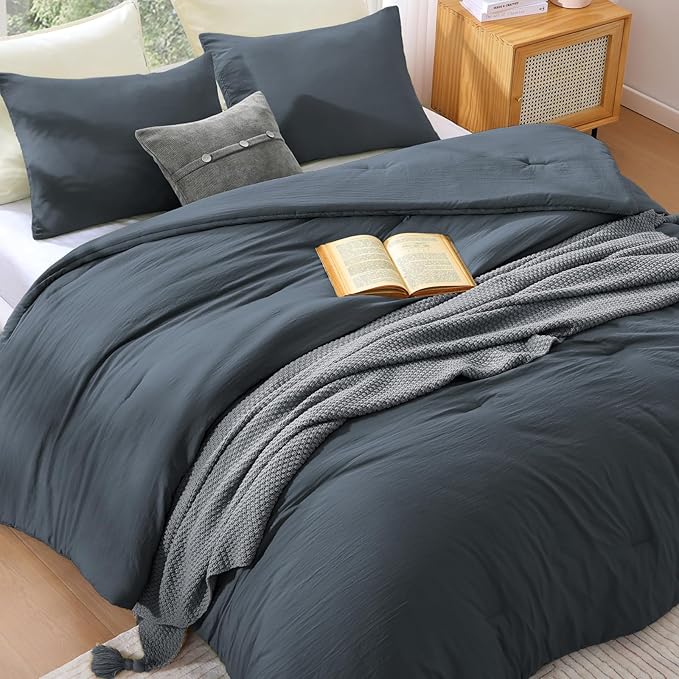 WRENSONGE Full Size Comforter Sets - 3 Pieces Blue Grey Comforter Prewashed Soft Lightweight for All Seasons, Fluffy Down Alternative Comforter Full Size with 2 Pillow Shams