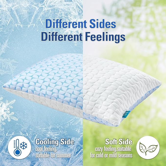 QUTOOL Firm Pillow Shredded Memory Foam, Cooling Pillow for Hot Sleeper, Adjustable Bed Pillow for Side Back Stomach Sleepers, Washable Cover, CertiPUR-US Certified, Standard Size