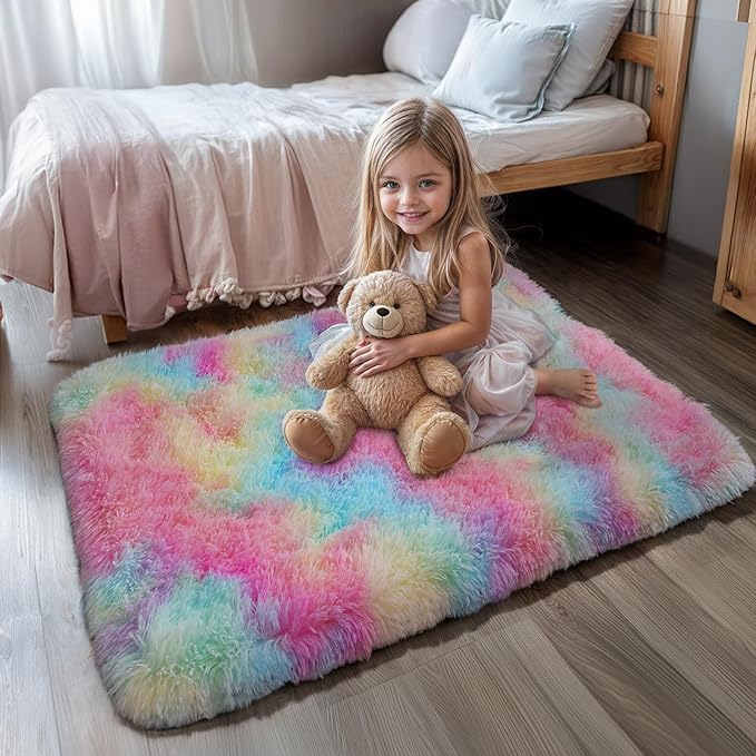 Blivonta Rainbow Rug for Girls Bedroom, 2x3 Fluffy Area for Kids Playroom, Furry Carpet for Nursery, Shaggy for Teen Living Room, Thick Fuzzy Plush for Dorm, Cute Room Decor for Baby