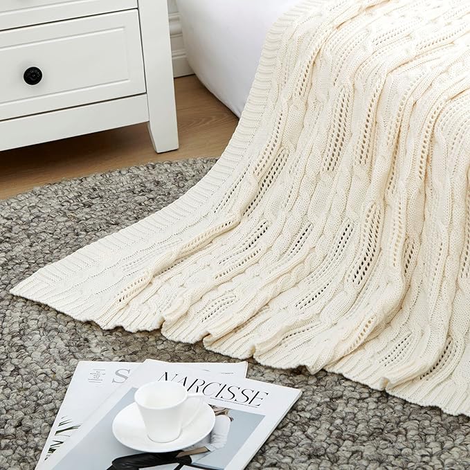 Aormenzy Cable Knit Throw Blankets 60 x 80 Inches, Soft Cozy and Lightweight Knitted Blanket, Machine Washable Acrylic Blanket, Decorative Throw Blanket for Couch Sofa Bed, Cream White