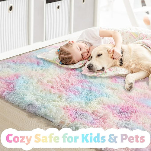 Amdrebio Rainbow Fluffy Kids Rugs for Girls Bedroom, Unicorn Room Decor, 5x7 Colorful Pastel Shag Area Rugs for Playroom Nursery Classroom, Cute Fuzzy Kawaii Princess Carpet for Baby Toddler Teen