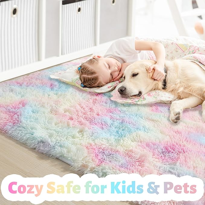 Amdrebio Rainbow 2x6 Runner Area Rugs for Girls Bedroom Kids Room Decor, Pastel Colorful Bedside Rug for Nursery, Cute Unicorn Shaggy Rug for Baby Princess, Kawaii Fluffy Plush Carpet for Playroom