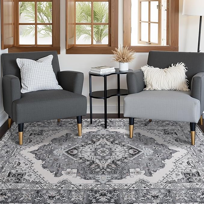 CRYPTOLITE Vintage Area Rug 5x8 Rugs, Machine Washable Vintage Area Rug Non-Slip Low Pile Large Rug for Living Room, Bedroom, Farmhouse, Dining Room, Grey