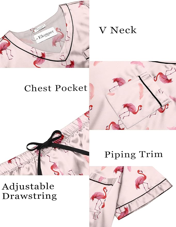 Ekouaer Silk Pajama for Women Short Sleeve Satin Pj Set Two Piece Soft Sleepwear Loungewear, S-XXL
