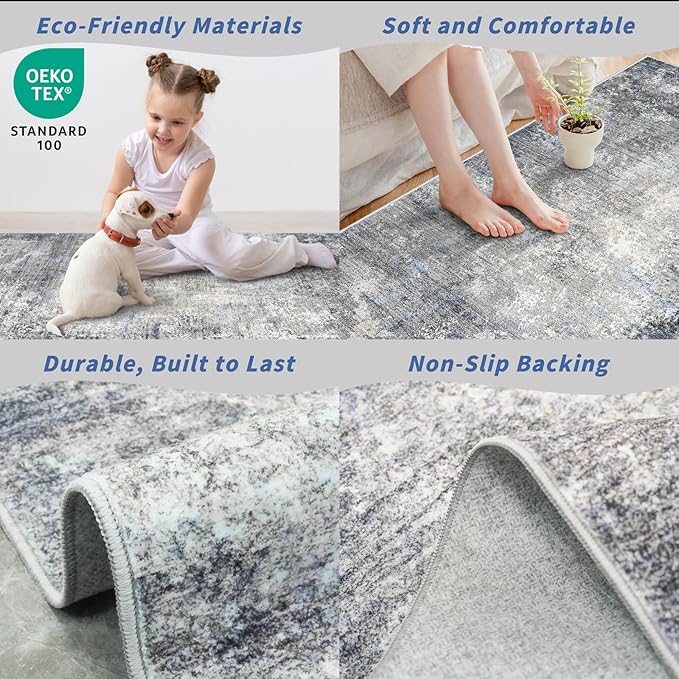 4x6 Rug Machine Washable Non-Slip – Soft Small Area Rug for Indoor Entryway Living Room Bedroom Kitchen – Modern Abstract Neutral Low Pile Carpet（Blue Grey,4x6）