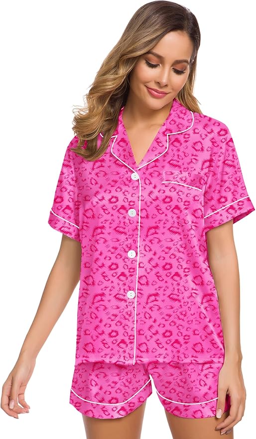 SWOMOG Womens Silk Satin Pajamas Set Short Sleeve Sleepwear Button Down Top and Shorts Loungewear 2 Piece Pjs Set XS-3XL