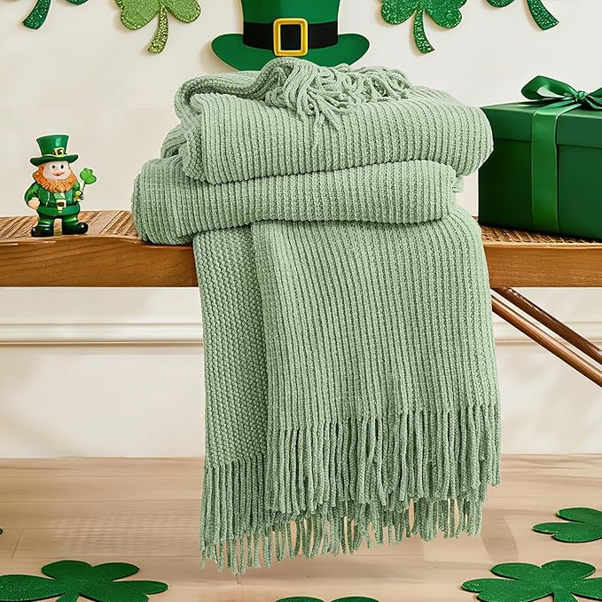 inhand Basil Green Throw Blanket for Couch Bed, St. Patrick’s Day Lucky Spring Gifts Throw for Men Women,Chunky Chenille Woven Soft Warm Blanket,Boho Farmhouse Cozy Decor,50"x60",Extra Thick