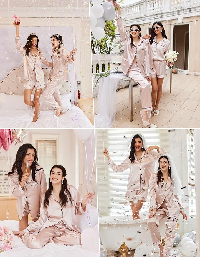 Ekouaer Satin Pajama Set for Women Button Down Pj Set Long Sleeve Top and Shorts 2 Piece Loungewear Summer Soft Sleepwear