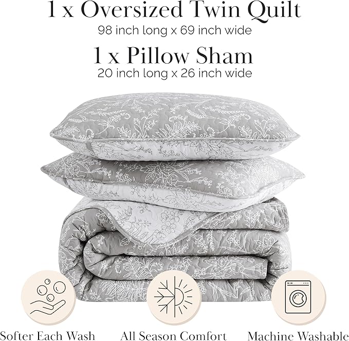 Southshore Fine Living, Inc. Oversized Twin Quilt Bedding Set, Botanical Print Twin Bedspread, Reversible 2-Sided Twin/Twin XL Quilt Coverlet & Matching Sham, Grey & White