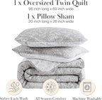Southshore Fine Living, Inc. Oversized Twin Quilt Bedding Set, Botanical Print Twin Bedspread, Reversible 2-Sided Twin/Twin XL Quilt Coverlet & Matching Sham, Grey & White