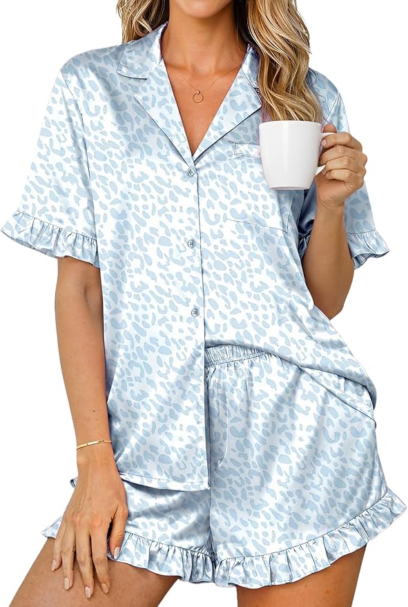 Ekouaer Womens Satin Pajamas Set 2 Piece Button Down Silk Pjs Ruffle Short Sleeve Shorts Set Notch Collar Sleepwear