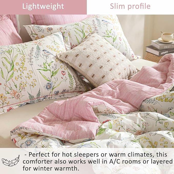 ALEISSEL White Floral Cotton Comforter Queen Size - 3PC Lightweight Bedding Sets with Soft Fill, Vibrant Garden Botanical Patterns, Petal Pink Reversible Design with Feminine Elegance