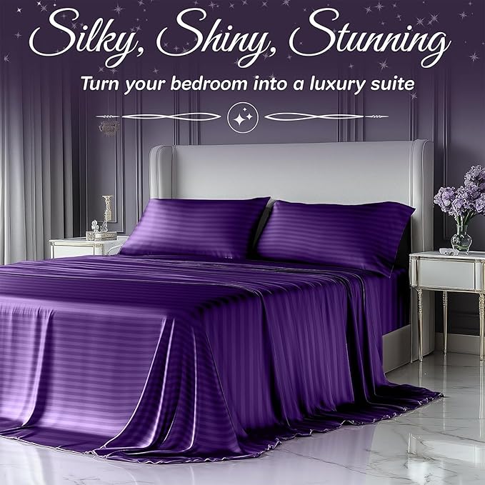 SLEEP SANCTUARY Satin Sheets Full Size – 4 Piece Luxury Silky Bed Set, Softer Than Silk, 15" Deep Pocket, Cooling & Wrinkle-Free, Moisture-Wicking & Breathable for Hair & Skin (Striped Purple)