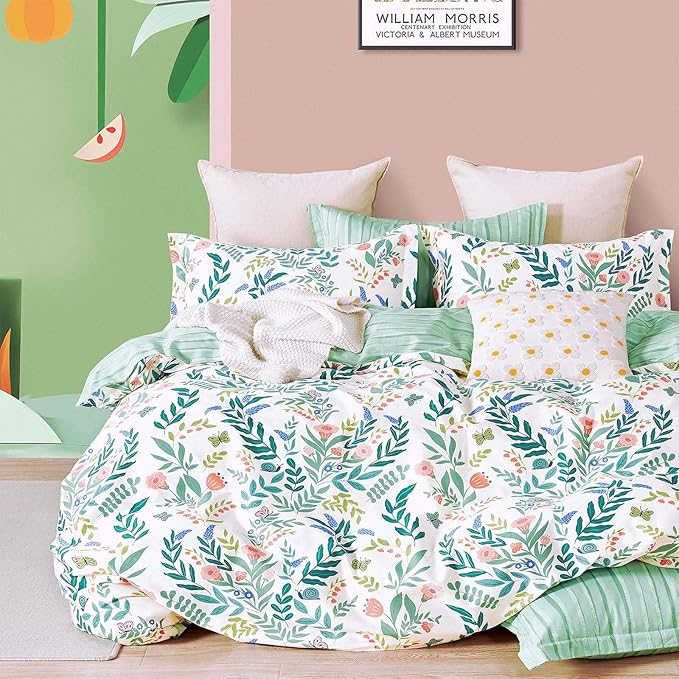 ALEISSEL Botanical Cotton Comforter Twin Size 2Pcs - Cute Garden Floral Design with Green Leaves & Coral and Pink Flowers,Sage Striped Reverse,Lightweight Reversible Bedding Sets(Twin,68"×90")