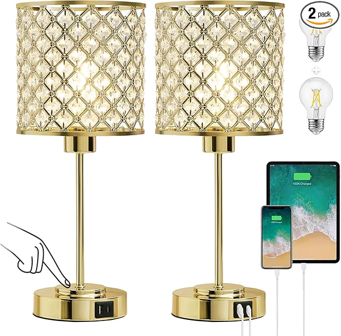 GyroVu Crystal Touch Control Table Lamp with USB-C+A Charging Ports, Dimmable Nightstand Lamp Set of 2 Crystal Decorative Bedside Lamps with Gold Elegant Shade for Bedroom Living Room, Bulbs Included