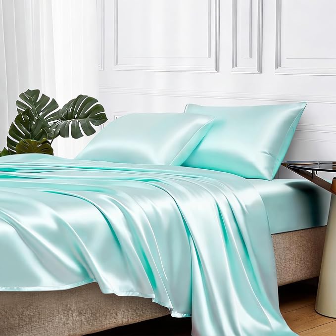 MR&HM Satin Bed Sheets, Twin XL Size Sheets Set, 3 Pcs Silky Bedding Set with 15 Inches Deep Pocket for Mattress (Twin XL, Turquoise)