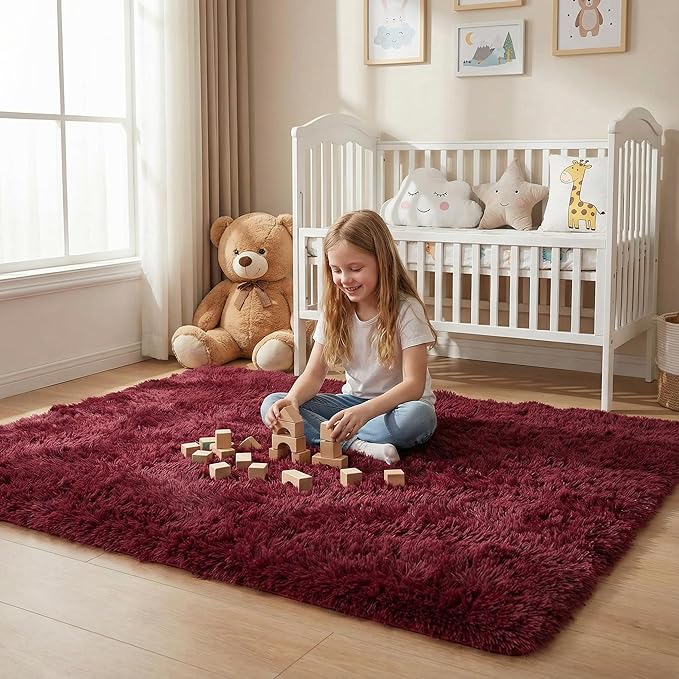 duduta Burgundy Plush Rugs for Bedroom 4x6 ft, Fluffy Carpet for Living Room, Shag Rug for Kids Room Dorm Nursery Playroom