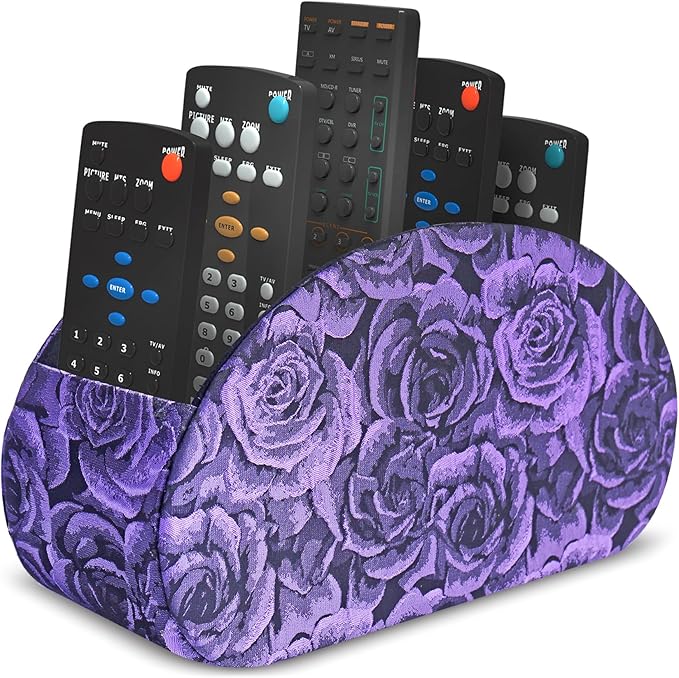 QIELIZI Remote Control Holder, PU Leather Remote Caddy Desktop Organizer with 5 Spacious Compartments for TV Remotes/Media Controllers/Office Supplies (1-3D Rose Purple