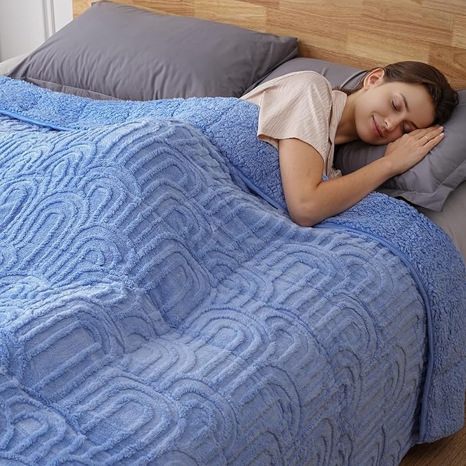 Sherpa Fleece Adult Weighted Blanket Great for Sleep, 15 lbs Dual Sided Soft Fuzzy Heavy Blankets for Couch Bed Sofa, Cozy Warm Fluffy Arched Jacquard Throw for Winter (Blue, 48" x 72", 15 Pounds)