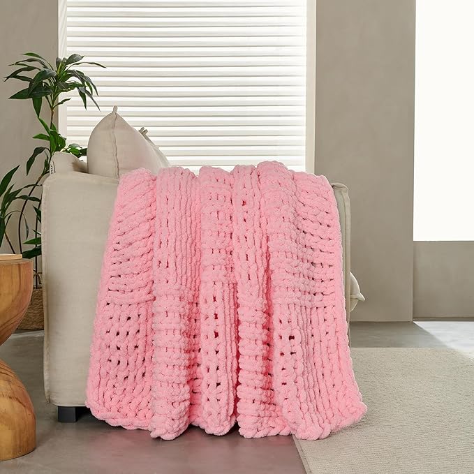 Chunky Knit Blanket Throw 50x60 Inches,Handmade Cable Knit Crochet Blanket,Cozy Lightweight All Season,Wrinkle-Resistant Polyester for Couch Bed Sofa Reading Nook, Beige,Pink