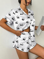 Ekouaer Womens Silk Satin Pajama Set Print Short Sleeve Sleepwear Button Down Pjs Shorts Set Loungewear