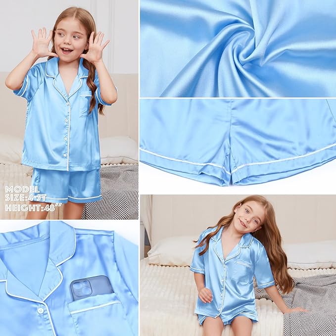 QPANCY Kids Satin Pajamas Sets Baby Boy Girl Button-Down Silk Sleepwear 2 Piece Short Sleeve Loungewear Clothes Set