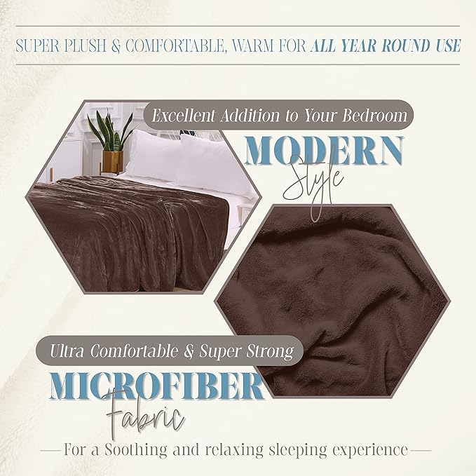Elegant Comfort Luxury Velvety Feel Blanket, All-Season Lightweight Blanket, Ultra Plush, Soft, Cozy-Fuzzy Flannel Fleece for Couch, Sofa, Bed, Travel, Solid Design, King/California King, Brown