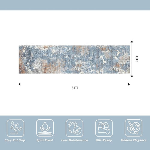 2x8 Washable Non-Slip Hallway Runner Rug – Modern Coastal Abstract Neutral Stain-Resistant Low-Pile Carpet Runner for Kitchen Entryway Bedroom Bathroom (Blue Rust,2x8)