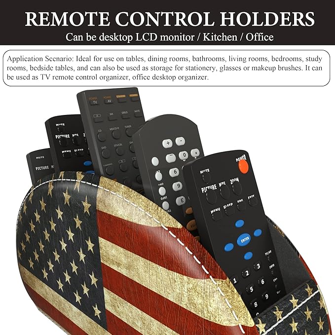 QIELIZI Leather Remote Caddy Desktop Organizer with 5 Spacious Compartments for TV Remotes/Media Controllers/Office Supplies (American Flag)