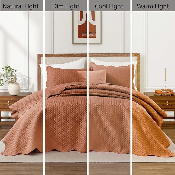 IR Imperial Rooms Queen Quilt Bedding Set Size (90" x 96") + 2 Pillow Shams (20" x 26"+ 2") - 3 Pcs All Season Lightweight Reversible Microfiber Coverlet Embossed Quilt Bedspread (Rust)