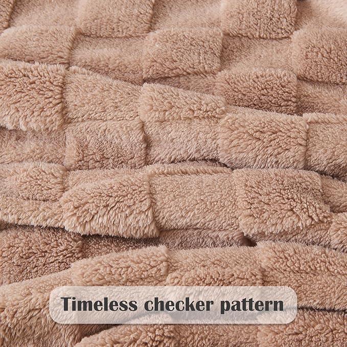 NEWCOSPLAY Super Soft Queen Blanket Taupe Premium Silky Flannel Fleece 3D Checkered Lightweight Bed Blanket All Season Use (Taupe Checkered, Queen(90"x90"))