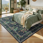 Lessymo Washable Dining Room Rugs, Floral 6x9 Area Rug for Living Room, Bedroom, Playroom, Farmhouse, Non Slip Forest Stain Resistance Large Throw Carpet, Black Green