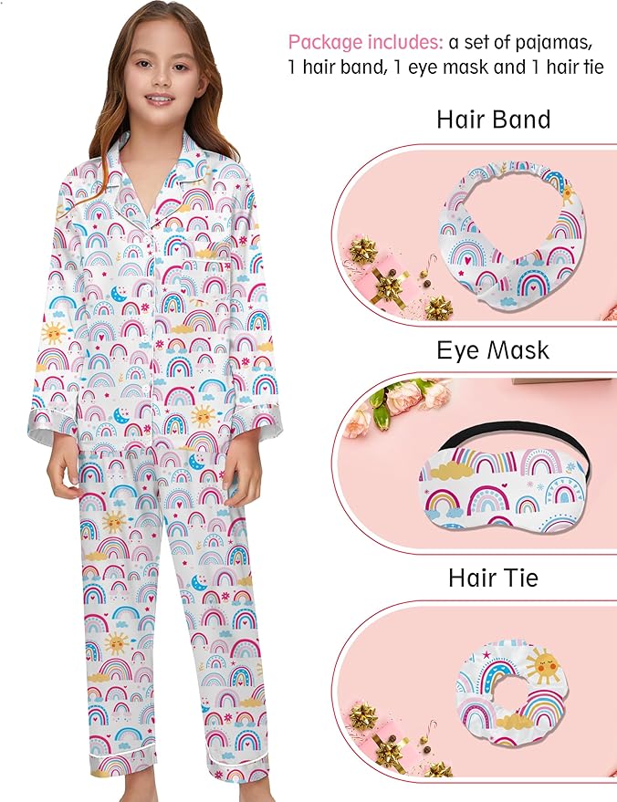 EPLAZA Kids Satin Pajamas Sets Girls Boys Button-Down Silky Pajamas Sleepwear with Hairband Eye Mask Hair Tie