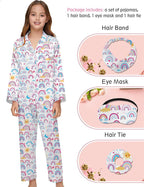 EPLAZA Kids Satin Pajamas Sets Girls Boys Button-Down Silky Pajamas Sleepwear with Hairband Eye Mask Hair Tie
