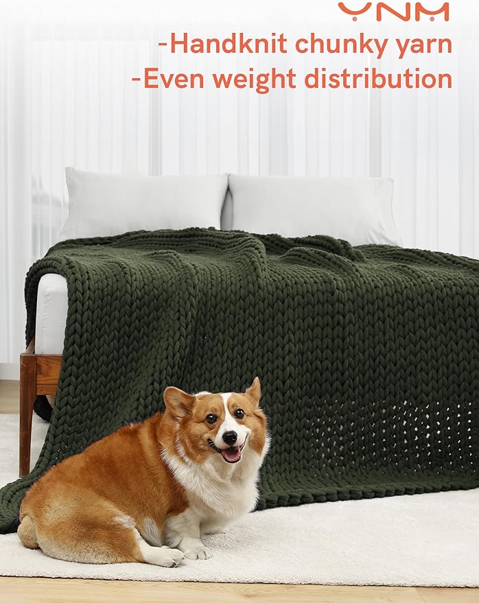 YnM Cotton Weighted Blanket, Handmade Chunky Knitted Design, Soft and Cozy, Temperature Regulating and Breathable, Machine Washable Throw for Sleep or Home Decor (Pine Green, 60x80 Inch, 25lbs)