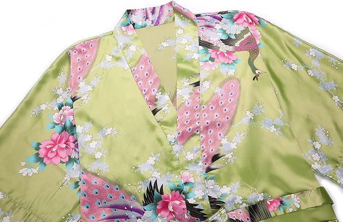 Women's Short Kimono Robes Bride and Bridesmaid Satin Floral Bathrobe Peacock Sleepwear Dressing Gown for Wedding Party