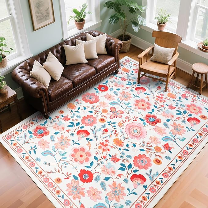 CRYPTOLITE 8x10 Area Rug for Living Room Clearance, Modern Washable Rug Non Slip Low Pile Floral Rugs for Living Room, Bedroom, Farmhouse, Dining Room, Kids Playroom, Beige