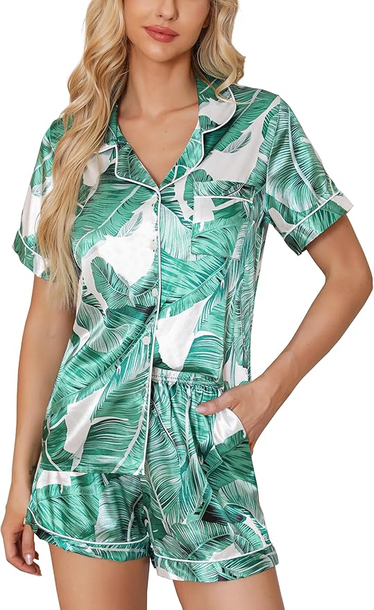 Samring Women's Silk Satin Pajamas Set Short Sleeve Sleepwear Two Piece Button Down Pj Set with Pockets S-XXL