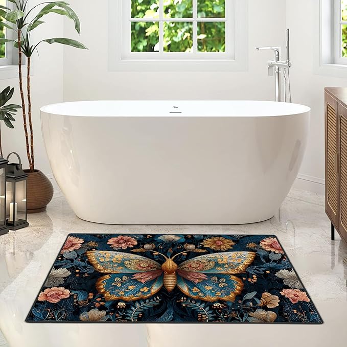 Butterfly Area Rug 2x3 ft Entry Rug Washable Boho Rugs Non Slip Low Pile Floral Door Mat Small Carpet for Bedroom, Bedside, Kids Room, Office, Dining Room