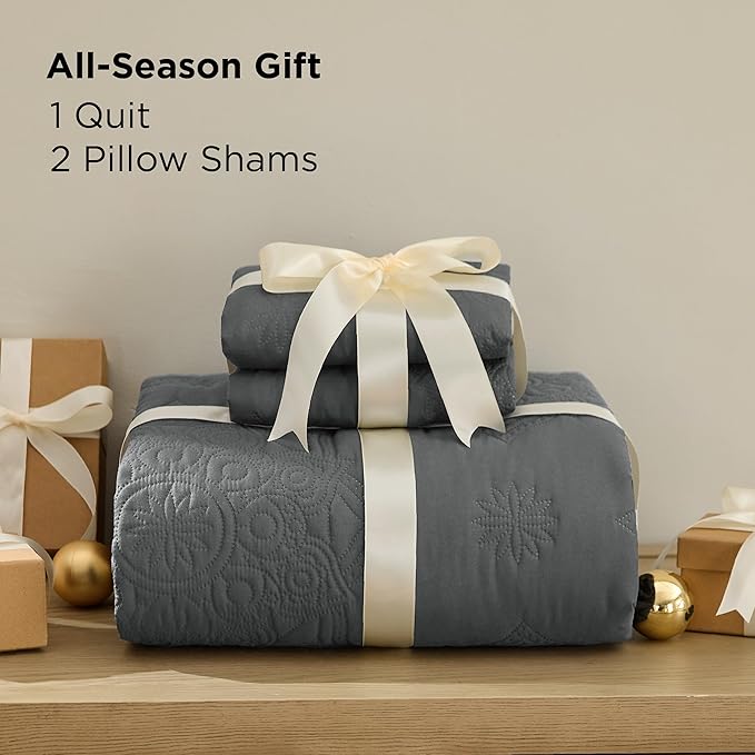 Bedsure Quilts Queen Size - Dark Grey Bedspread Queen Size & Lightweight Comforter, Modern Coverlet with Mandala Pattern, Ultra Soft All-Season Bedding, 90 x 96 Inches | Stitch-Free Quilting, Ultra Soft, Lightweight, Machine Washable, Pet-Friendly