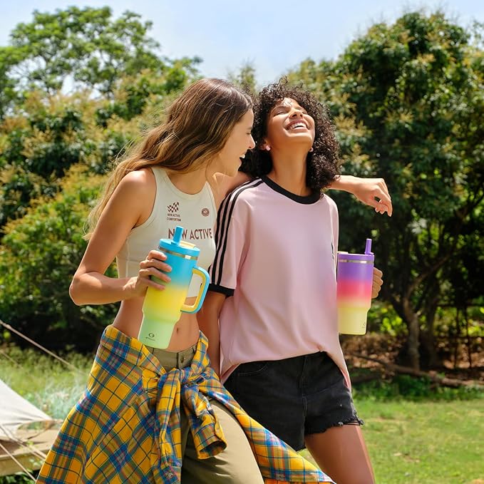 40 oz Tumbler with Handle and Straw: Stainless Steel Insulated Tumbler Keeps Cold for 24 Hours, Leakproof Travel Cup Fits in Cup Holder and BPA-Free, Peach Dream