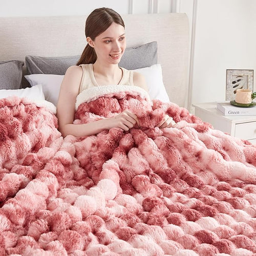 50x60 Inches Ultra-Soft Fuzzy Faux Fur Plush Throw Blanket - Thick, Warm Sherpa for Couch, Sofa, Bedroom, Camping - Decorative Blanket for Cozy Warmth, Bubble Dusty Rose Tie Dye