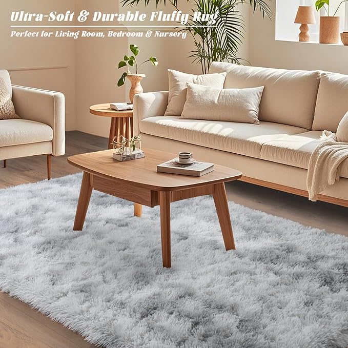 Tie-Dyed Grey Rugs for Bedroom 6x9 ft - Ultra Soft Faux Fur Area Rug - Plush Non-Slip Shaggy Carpet for Living Room, Cozy Fluffy Rug for Kids Boys Girls Dorm Nursery Room, High Pile Floor Carpet