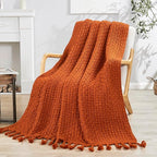 Chunky Knit Throw Blanket with Braided Tassels 50" x 60", Hand Knitted Soft Thick Yarn Basket Weave Boho Farmhouse Blanket, Plush Fluffy Tassel Decor Throw for Couch Bed Sofa, Rust Orange