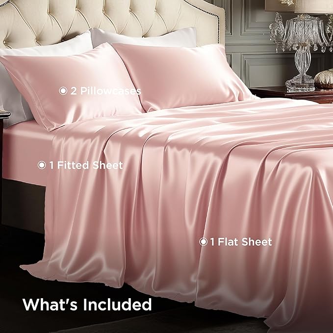Bedsure Pink Satin Sheets Queen Size - 4 Piece Silky Bedsheets with 15 Inches Deep Pocket Fitted Bedsheet,1 Flat Sheet, 2 Satin Pillowcases, Good for Hair & Skin (Queen, Peach Pink)
