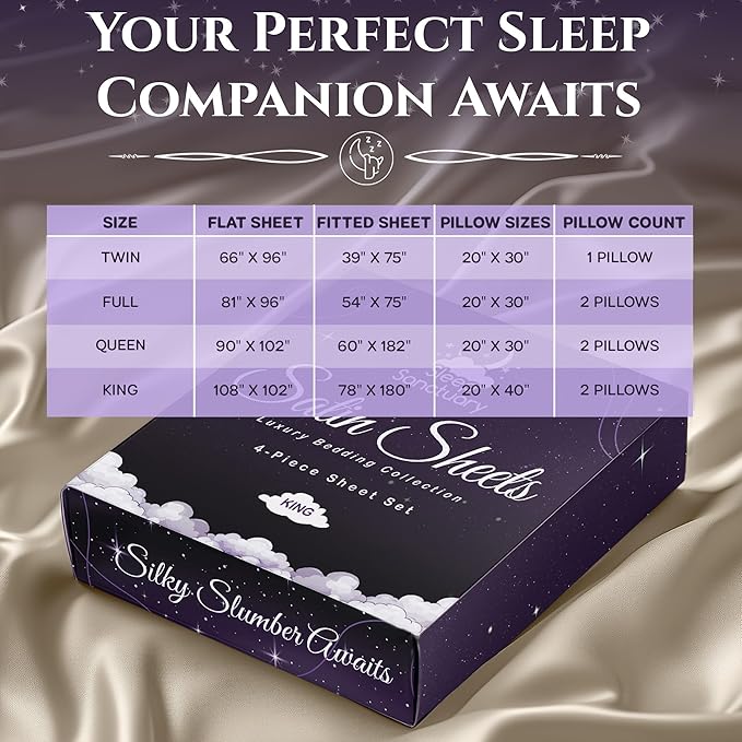 SLEEP SANCTUARY Satin Sheets Queen Size – 4 Piece Luxury Silky Bed Set, Softer Than Silk, 15" Deep Pocket, Cooling & Wrinkle-Free, Moisture-Wicking & Breathable for Hair & Skin (Lavender)