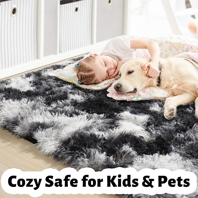 Amdrebio Black White Grey Rugs for Living Room Bedroom, 8x10 Large Fluffy Shaggy Furry Area Rug for Kids Room Dorm Home Office Apartment, Fuzzy Shag Plush Floor Modern Cool Carpet for Men Teen Boys