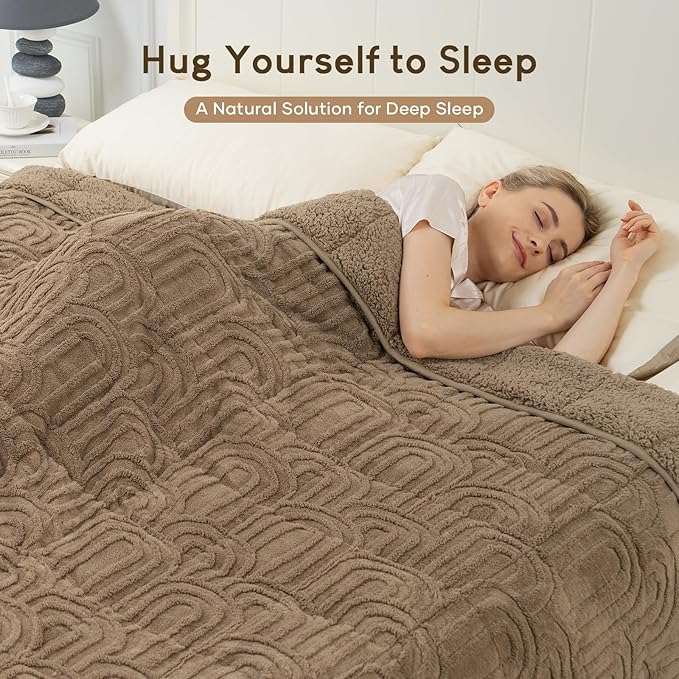 Cottonblue Jacquard Weighted Blanket for Adults 15 lbs Twin Size, Cozy Fluffy Sherpa Fleece Weighted Throw Blankets 60" x 80" for Sleep Relax, Fuzzy Warm Arch Heavy Blanket Soft for Bed Couch, Khaki