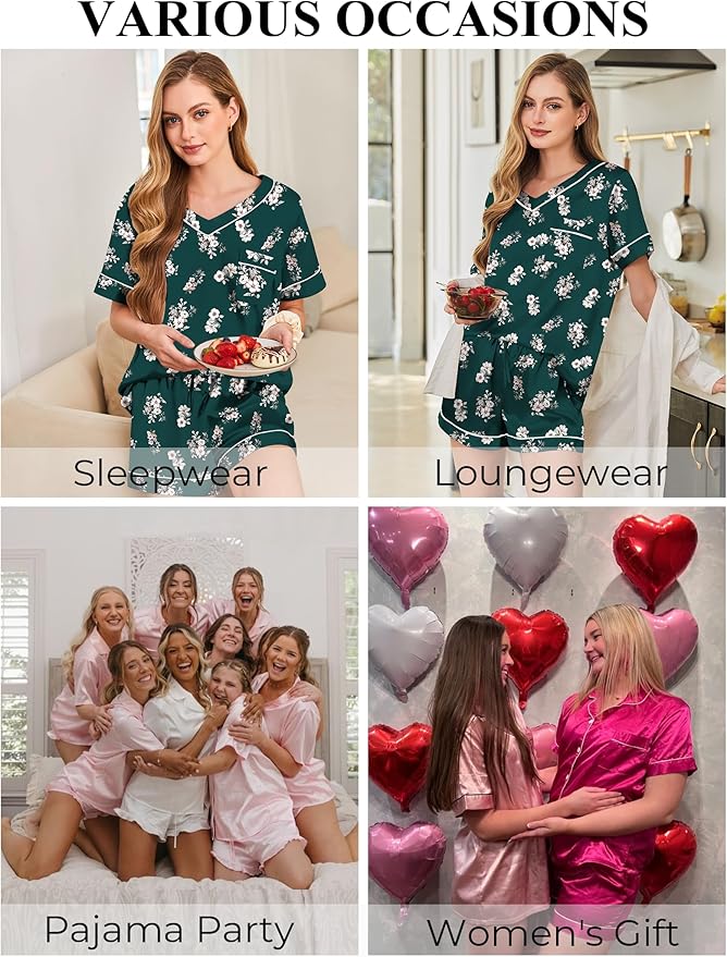 Silk Pajamas for Women Short Sleeve Satin 2 Piece Pj Set Soft V Neck Sleepwear Loungewear, S-XXL