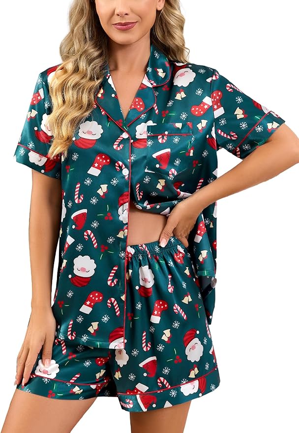 SWOMOG Womens Silk Satin Pajamas Set Short Sleeve Sleepwear Button Down Top and Shorts Loungewear 2 Piece Pjs Set XS-3XL